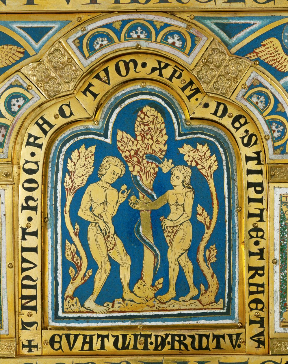 Eva entrega a maçã a Adão ... (esmalte sobre cobre dourado) de Nicholas of Verdun
