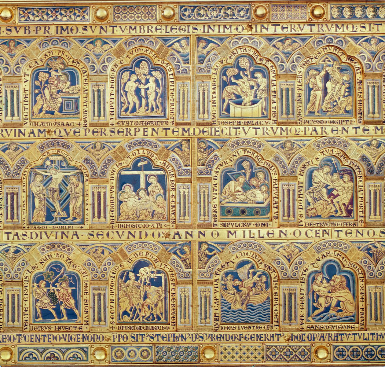 O altar de Verdun, detalhe de painéis decorativos que descrevem cenas bíblicas, 1181 champleve enamelwork de Nicholas of Verdun