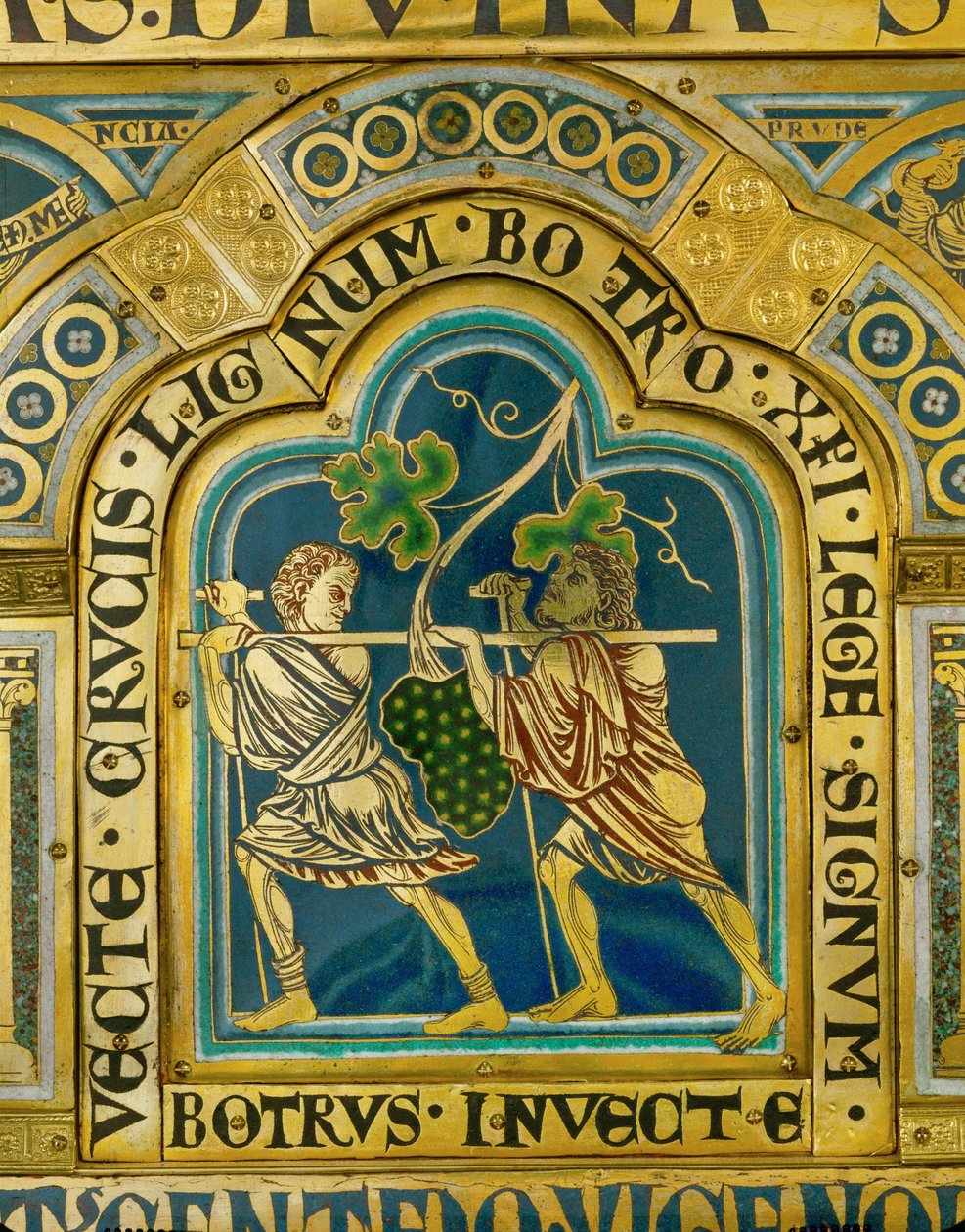 Os batedores regressam do Vale de Eshkol, transportando uma uva gigante ... (esmalte sobre cobre dourado) de Nicholas of Verdun