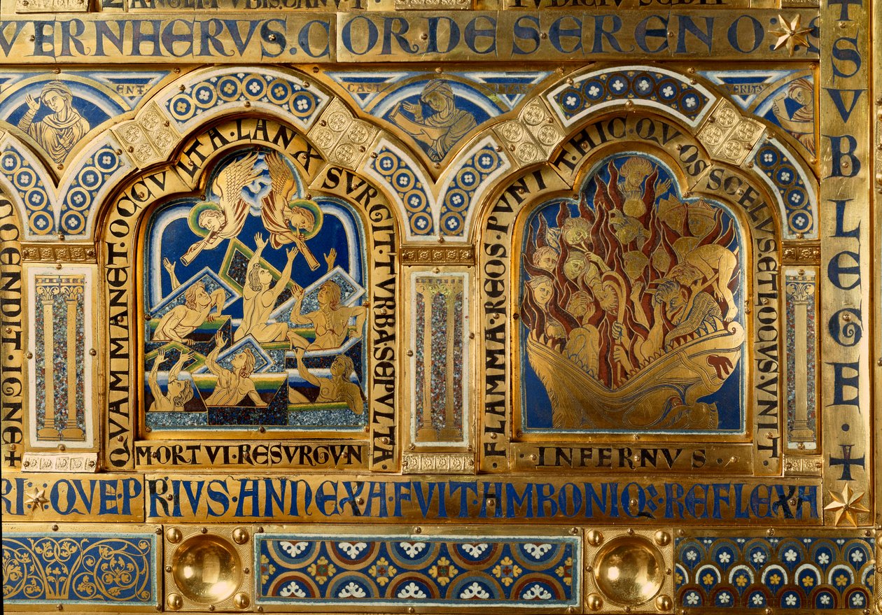 Altar de Verdun feito em ouro e enamaille por Nicolas de Verdun (ca.1130/50-1205): cenas do Antigo e do Novo Testamento: detalhe retratando os mortos deixando seu túmulo no Dia do Juízo Final e as represas queimando nas chamas do Inferno. Século XII Kl de Nicholas of Verdun