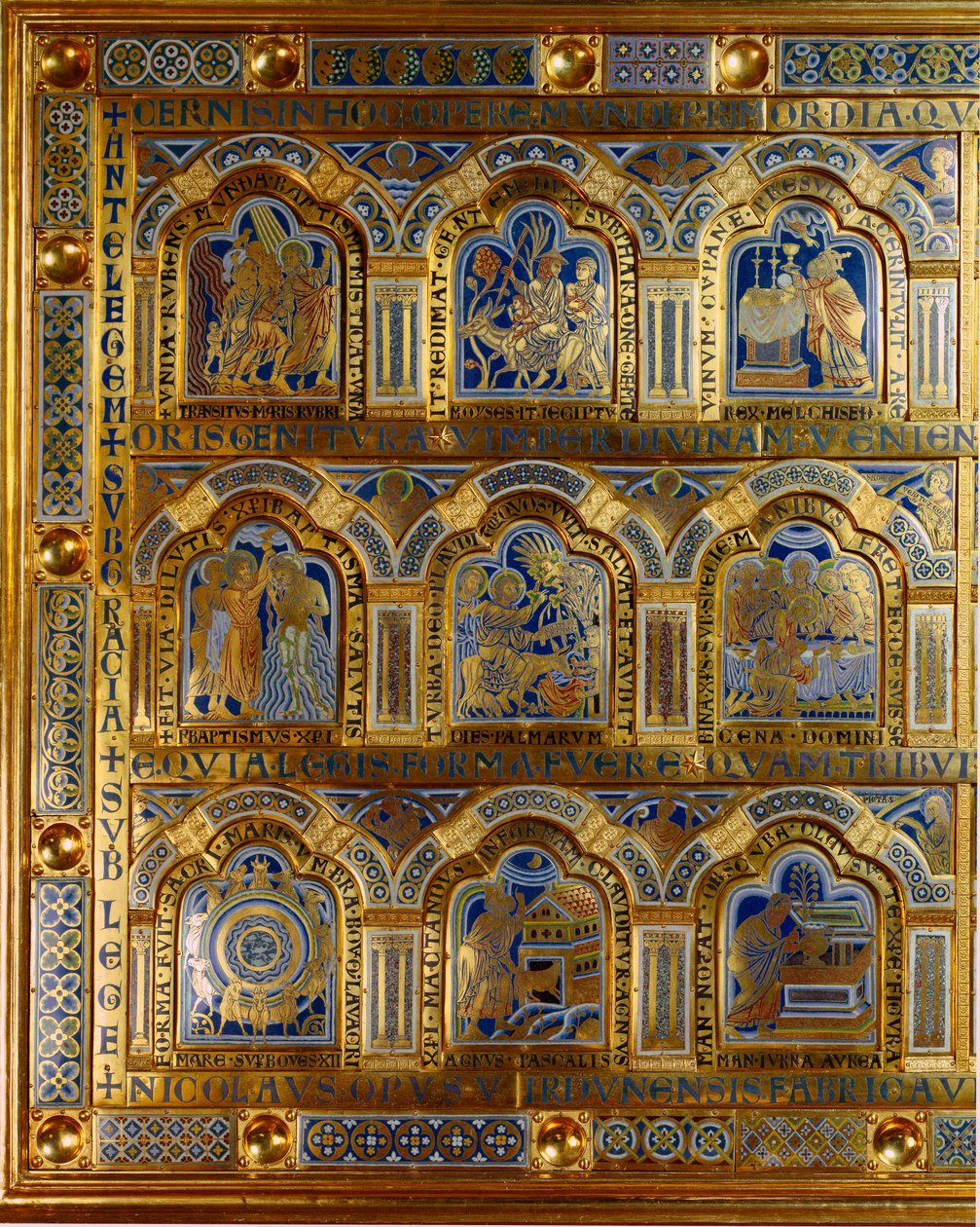 Altar de Verdun feito em ouro e esmalte por Nicolas de Verdun (ca. 1130/50-1205): cenas do Antigo e do Novo Testamento (atravessando o Mar Vermelho, o rei Melquisedec (Melchisedec ou Melchisedec ou Melkisedeq ou Melki-Tsedeq ou Melki Tsedeq), o batismo de  de Nicholas of Verdun