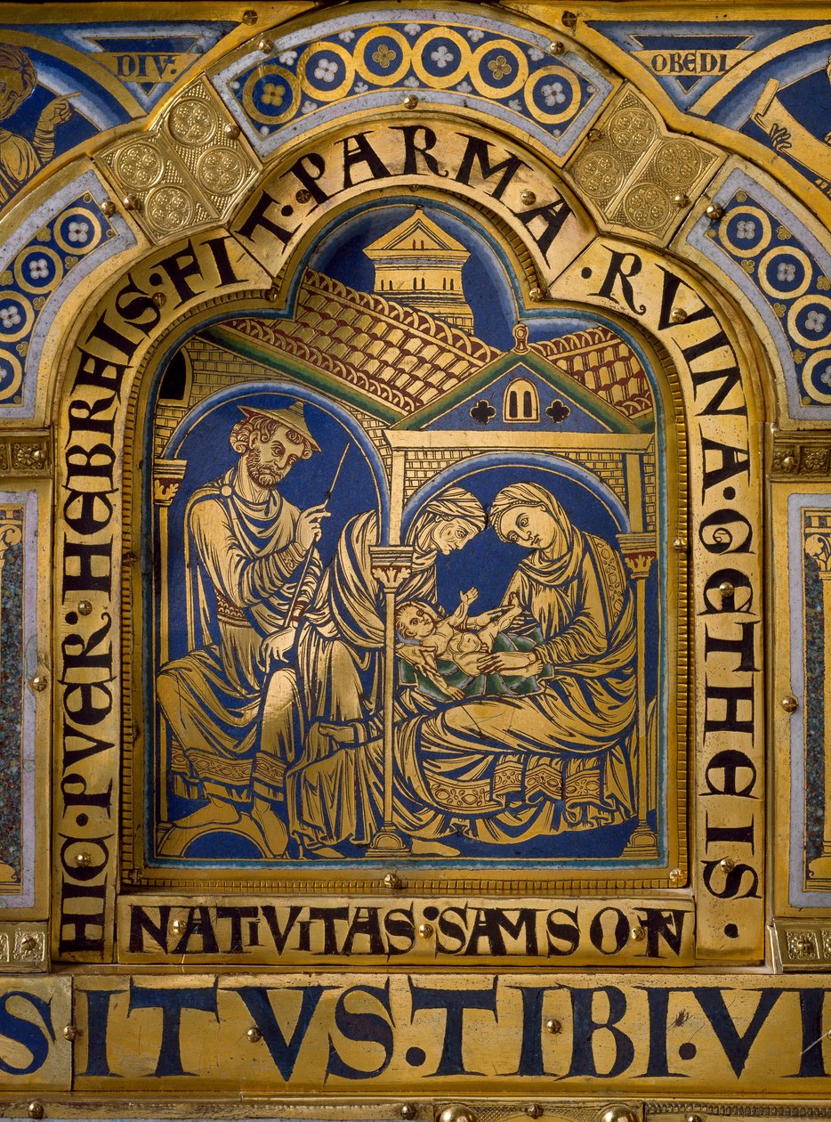 Altar de Verdun feito em ouro e esmalte por Nicolas de Verdun (ca.1130/50-1205): cenas do Antigo e Novo Testamento: detalhe representando o nascimento de Sansão. Século XII Klosterneuburg Viena, Áustria - Altar de Verdun, esmalte em cobre dourado, de Nicol de Nicholas of Verdun