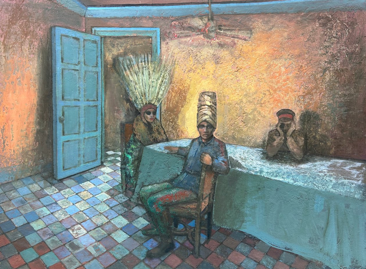 Animais de festa, 2022-23 (óleo sobre tábua) de Nick Williams