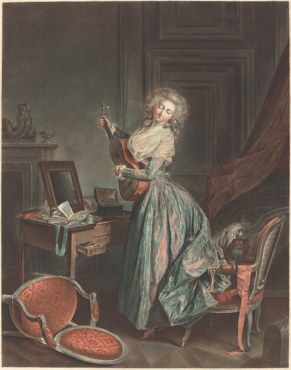 Uma mulher tocando violão, 1788-9, gravada por Jean-François Janinet (gravura e modo de lavar impresso em tintas coloridas) de Niclas II Lafrensen