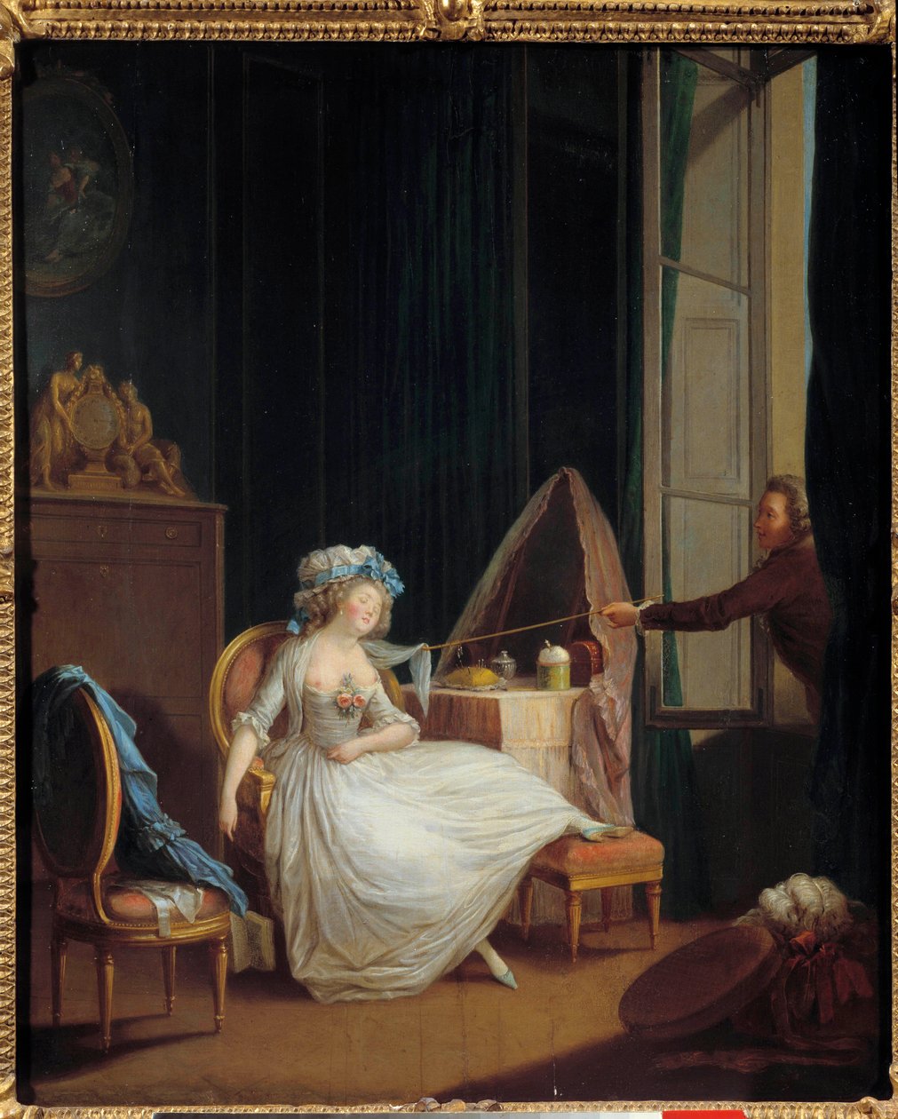 Amor frívolo Um homem que descobre o peito de uma jovem mulher que está dormindo no peito. Pintura de Niklas Lavreince (1737-1807). Paris do século XVIII. Musee Cognacq Jay de Niclas II Lafrensen
