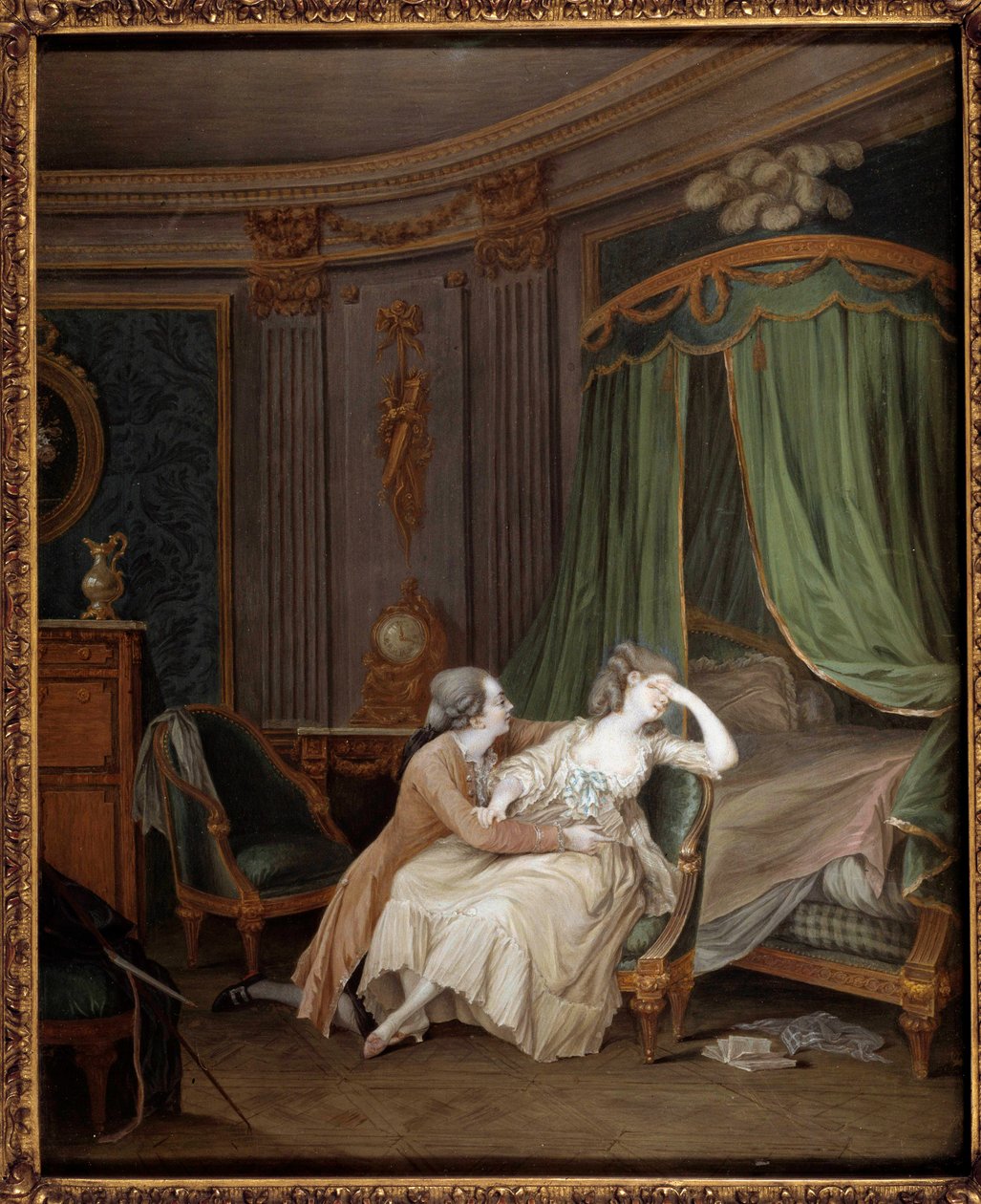 Arrependimento tardio Um homem, provavelmente confessa um infidelito à sua noiva que desmaia. Pintura de Niklas Lavreince (1737-1807) Paris do século XVIII, Musee Cognacq Jay de Niclas II Lafrensen