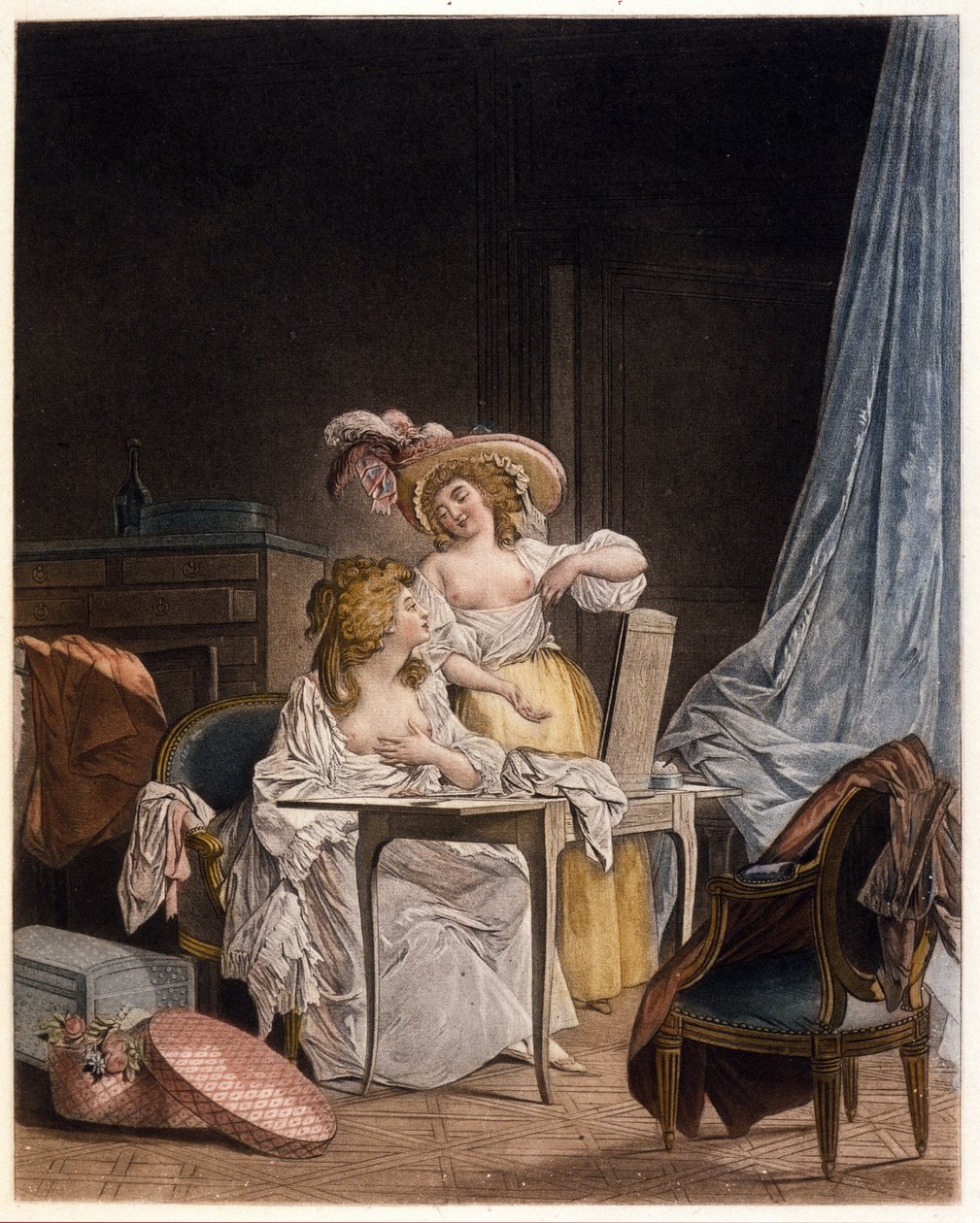 A comparação. Duas mulheres comparam o tamanho do seu peito. Gravura de Nicolas Lavreince (1737-1807), cerca de 1782. de Niclas II Lafrensen