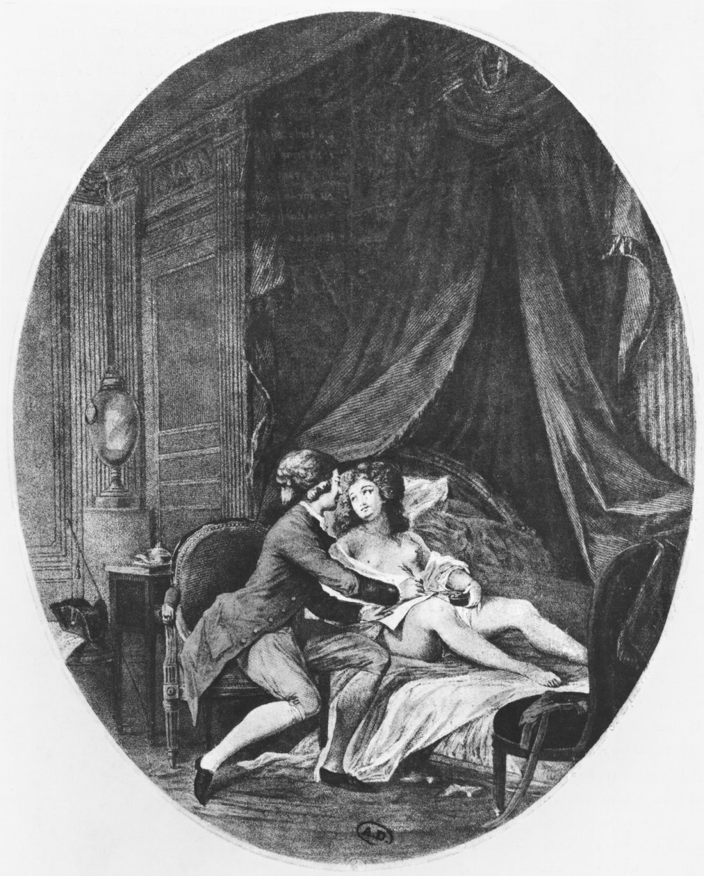 Valmont e Emilie, ilustração de &39;Les Liaisons Dangereuses&39; de Pierre Choderlos de Laclos (1741-1803) gravada por Romain Girard (bc1751) 1782 de Niclas II Lafrensen