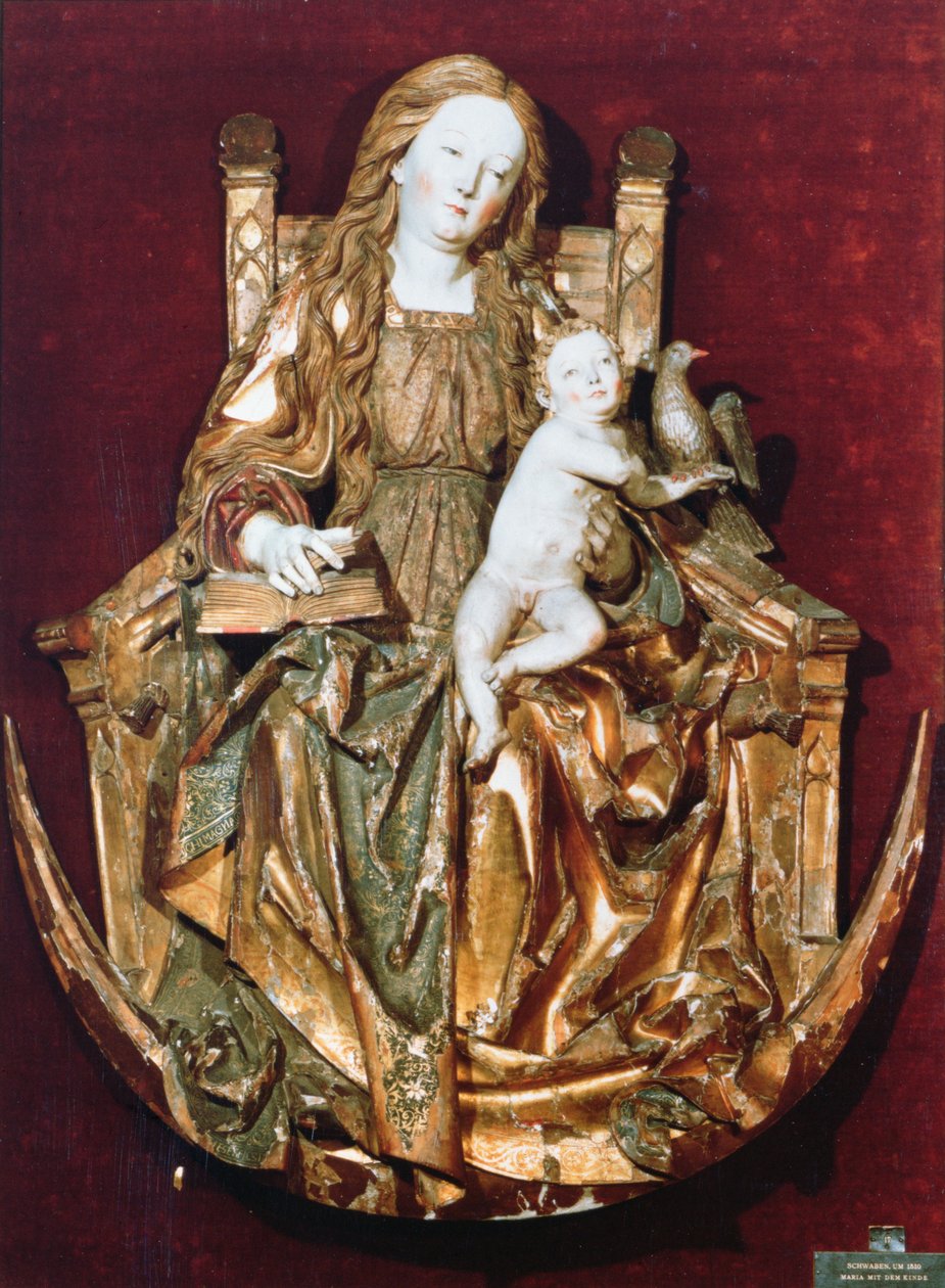 Madonna e Criança Entronizada acima de uma lua crescente, c.1510 (madeira policromada) de Niclaus the Elder attr. to Weckman