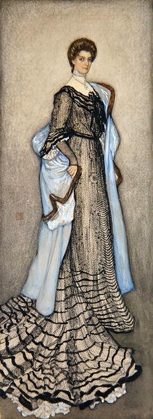 Uma Dama Elegante (caneta, tinta preta, aguarela e cor de corpo sobre papel colocado sobre tela) de Nico Jungman