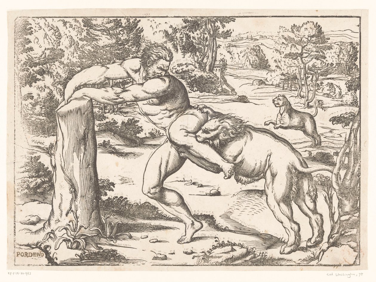 Milo de Croton atacado por um leão de Nicolò Boldrini (attributed to)