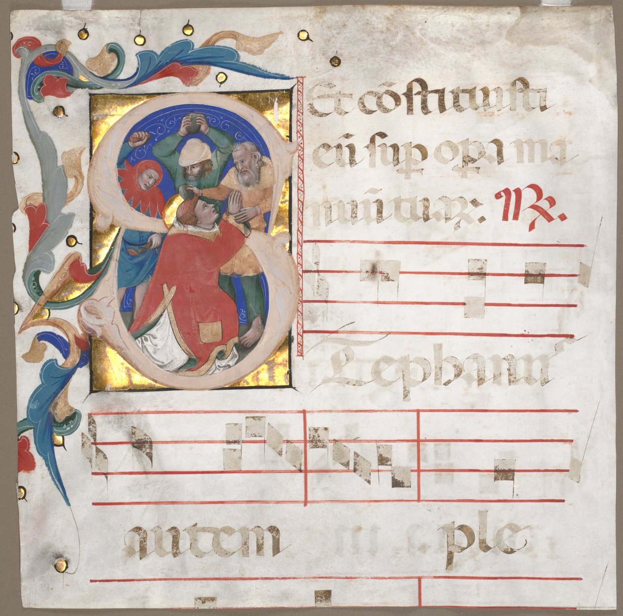 Fragmento de um antifonário com inicial historiada (S): O apedrejamento de Santo Estêvão de Nicolò da Bologna