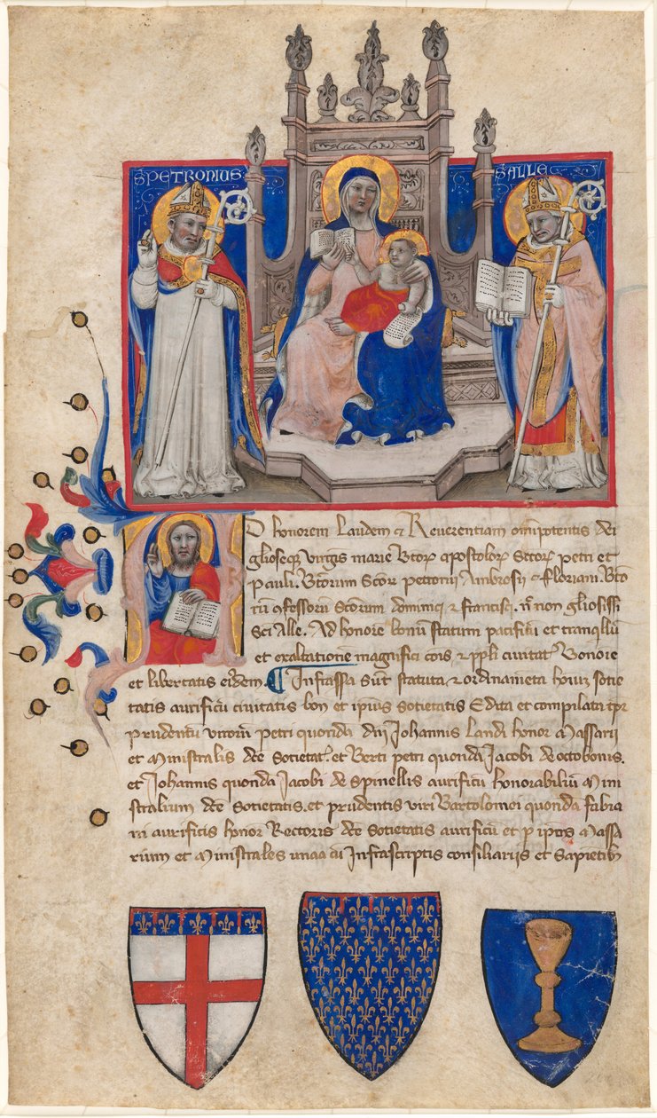 Madonna e criança entronizada entre Santos Petronius e Alle (Eligius); Cristo na inicial A de Nicolò da Bologna
