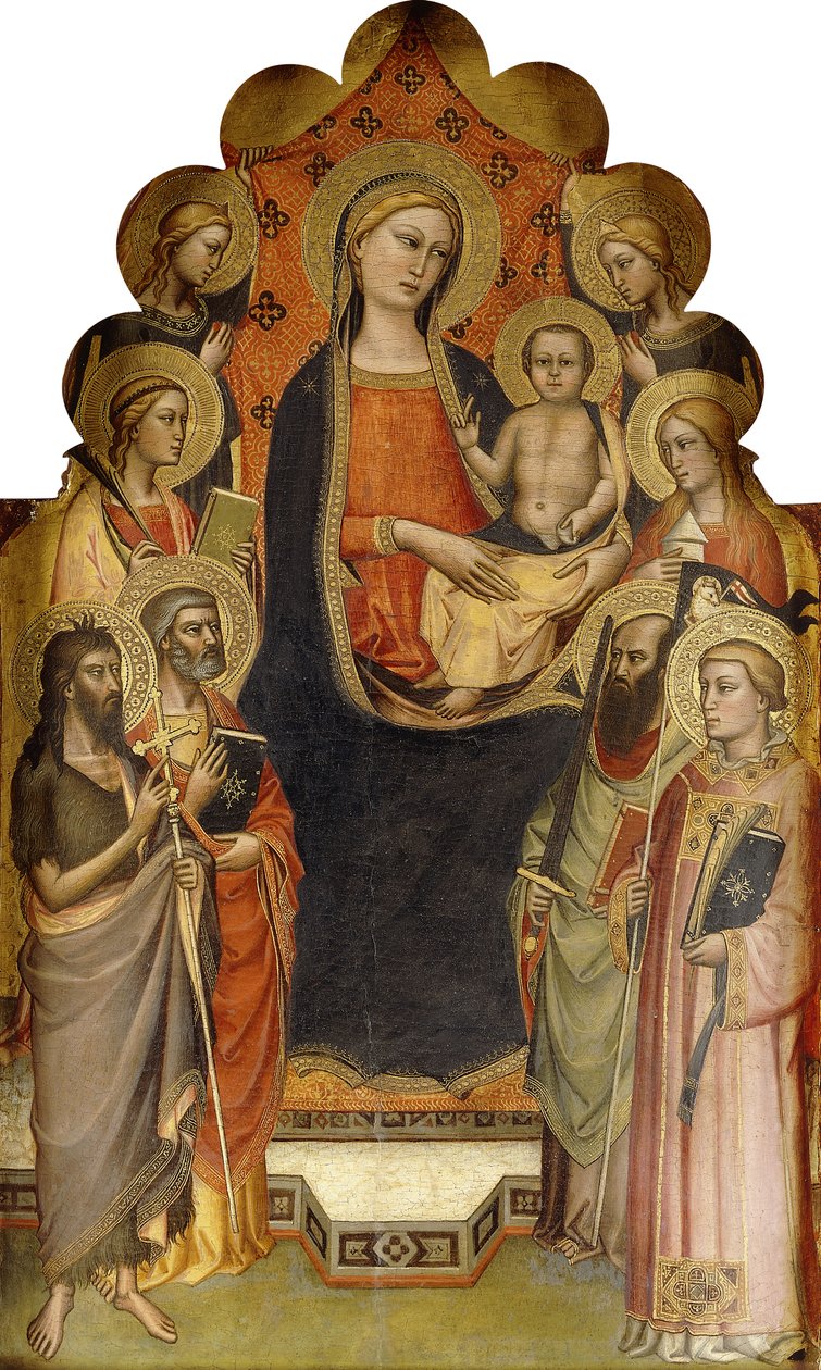 A Madona e o Menino entronizaram-se com os santos João Batista, Pedro, Maria Madalena, Paulo e Estevão, uma santa mártir e anjos, de Nicolò di Pietro