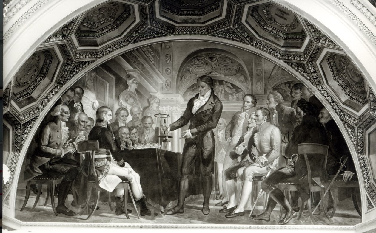 O Julgamento de Galileu (1564-1642). Alessandro Volta (1745-1827) apresentando seus experimentos com uma bateria elétrica a Napoleão (1769-1821), de Nicola Cianfanelli