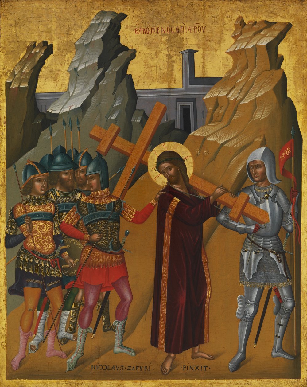 Cristo carregando a cruz, c.1590 (óleo e têmpera sobre madeira, terra de ouro) de Nicola Zafuri