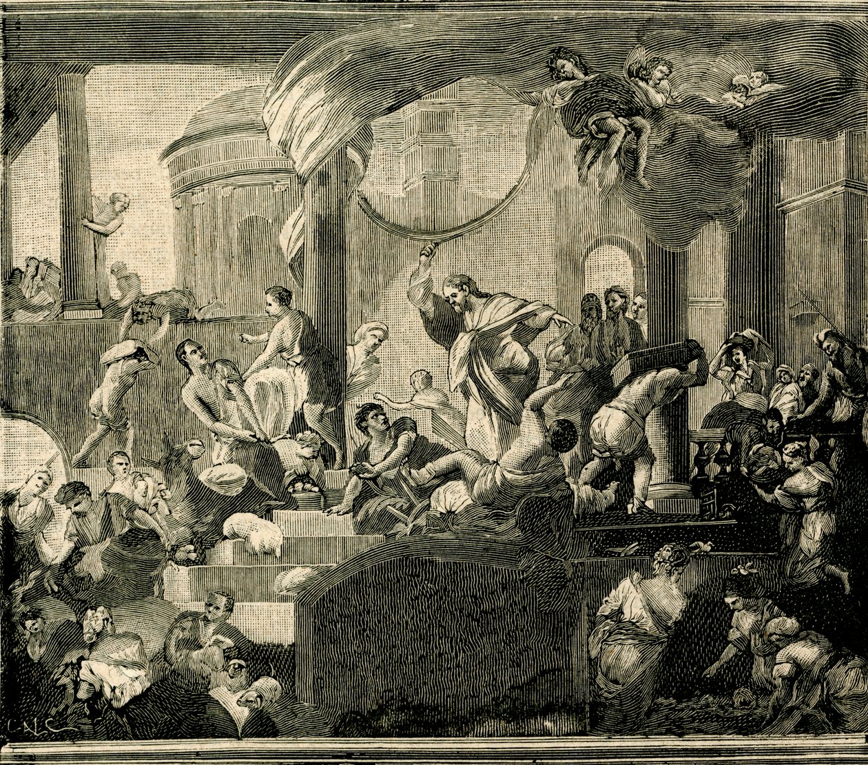 Jesus conduzindo mercadores do templo, óleo sobre tela por Nicola Malinconico (1663-1721), Basílica de Sant