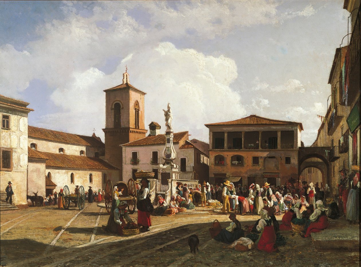 Benevento (Região da Campânia), Praça Orsini com o campanário da Catedral e a fonte dedicada ao Papa Orsini (óleo sobre tela) de Nicola Palizzi