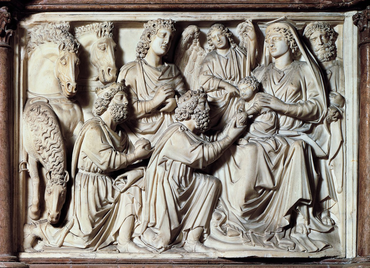 Adoração dos Magos, azulejo do púlpito com cenas da vida de Cristo de Nicola Pisano