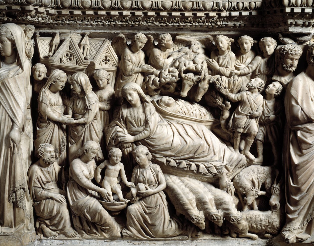 Arte e Arquitectura Gótica: Visitação e Natividade - Detalhe dos baixos-relevos da Mesa de Mármore que Nicola Pisano (1215/20-1278/84) fez entre 1266 e 1268 (Detalhes do púlpito de mármore, visitação e natividade) Cathedrale Notre-Dame-de-l