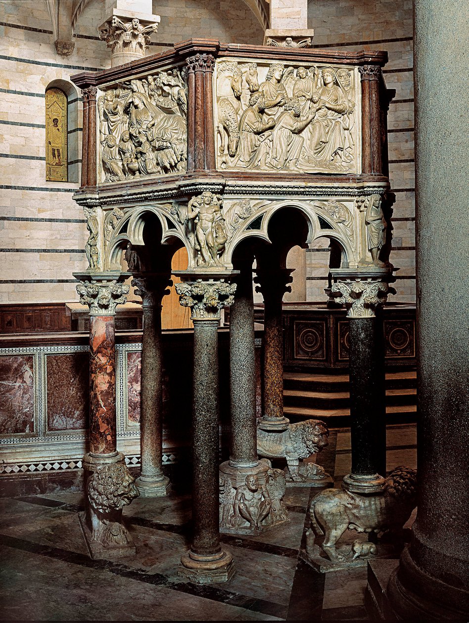 Púlpito de mármore de uma igreja, no Baptistério de Pisa 1260 (baixo relevo) de Nicola Pisano