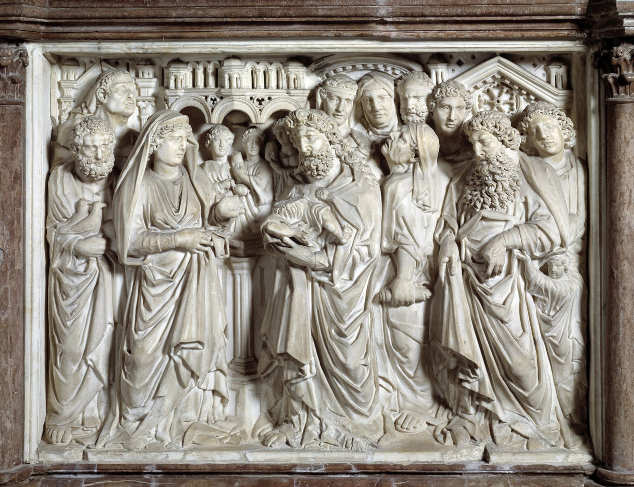 Apresentação de Jesus ao templo (Apresentação de Jesus ao templo) Cadeira realizada por Nicola Pisano (1215/20-1278/84) (Púlpito de mármore) 1260 Baptistere Saint John of Pisa (Battistero san Giovanni di Pisa), Itália de Nicola Pisano