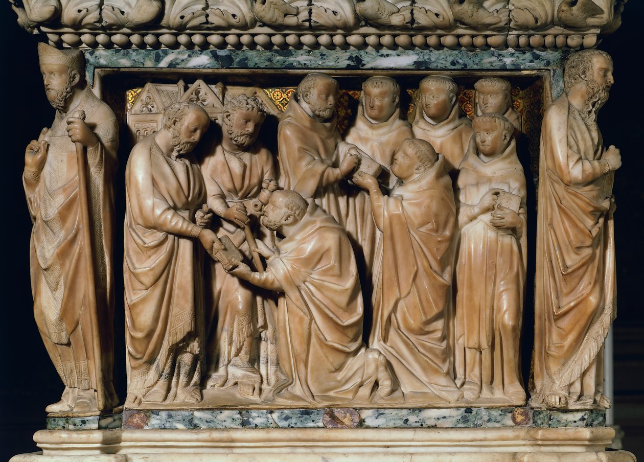 Os Apóstolos Pedro e Paulo aparecem a São Domingos, relevo decorativo de Arca di San Domenico, de Nicola Pisano e sua oficina, mármore, Capela de San Domenico, Basílica de San Domenico, Bolonha, Emilia-Romagna, Itália de Nicola Pisano