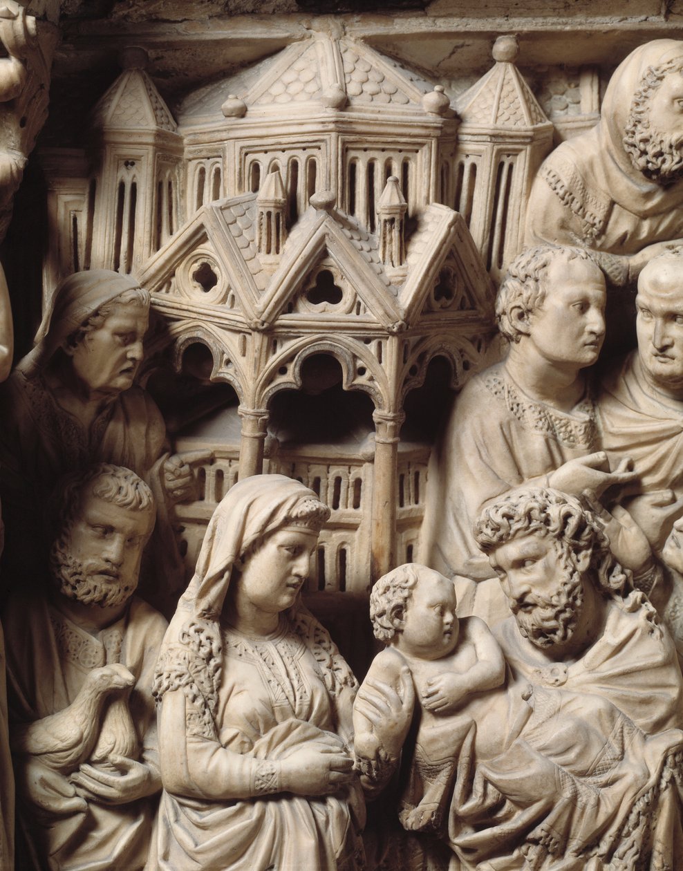 A apresentação no templo e o vôo para o Egito Detalhe em relevo do púlpito de mármore por Nicola Pisano de Nicola Pisano