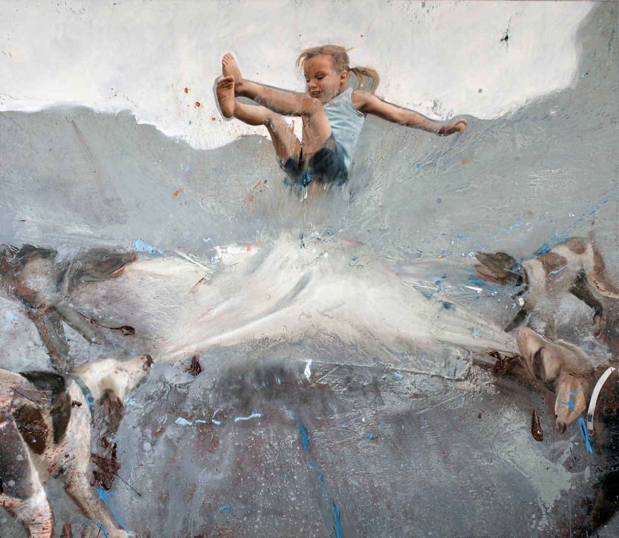 Rapariga a saltar com cães, 2023 (óleo sobre tela) de Nicola Pucci