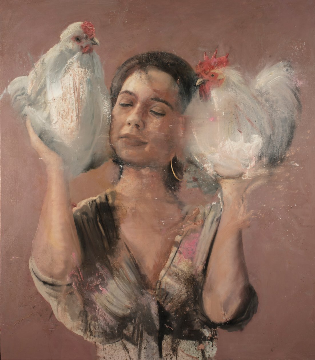 Rapariga com galos, 2018 (óleo sobre tela) de Nicola Pucci