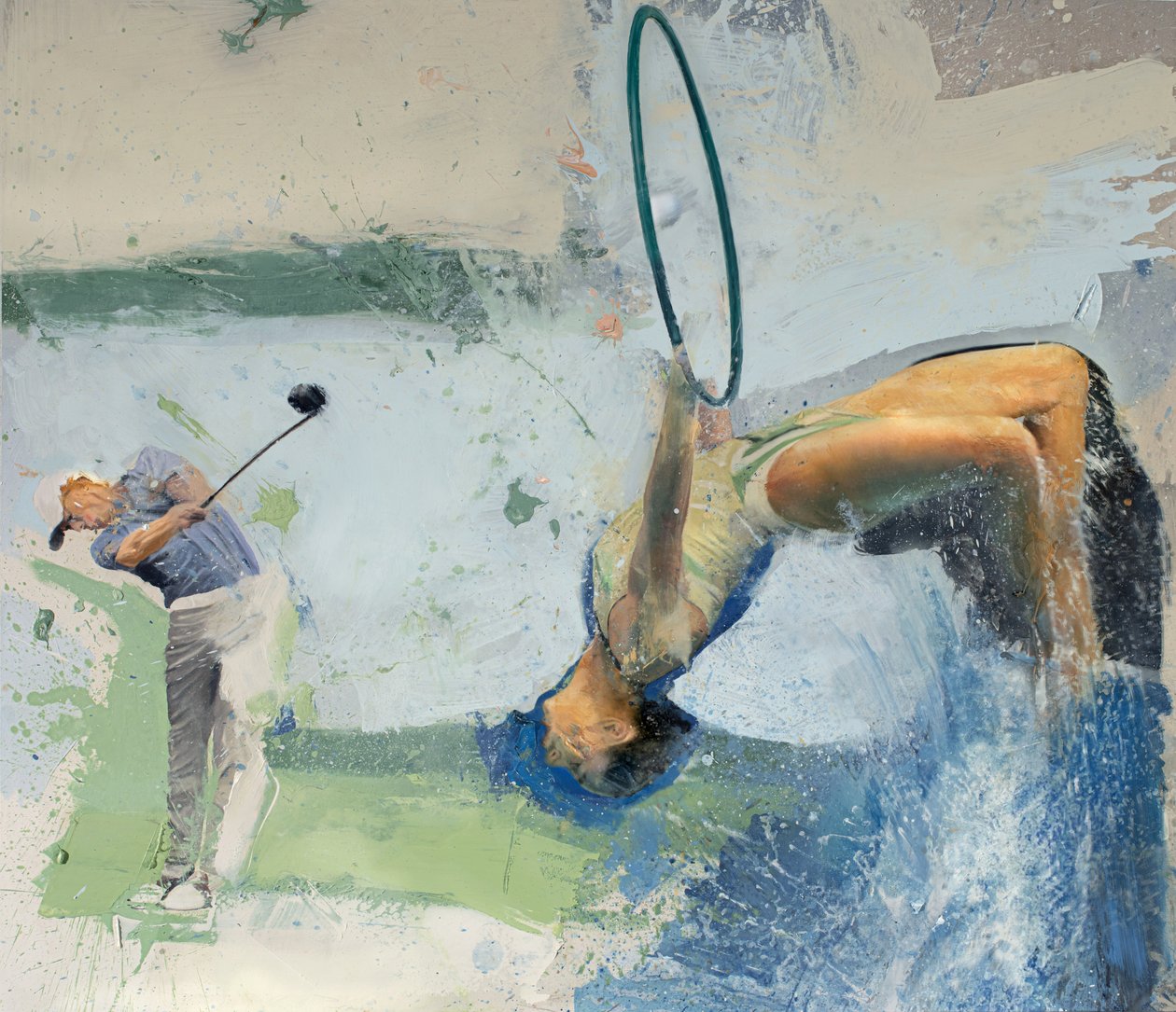 Golfista com mergulhador e aro, 2023 (óleo sobre tela) de Nicola Pucci