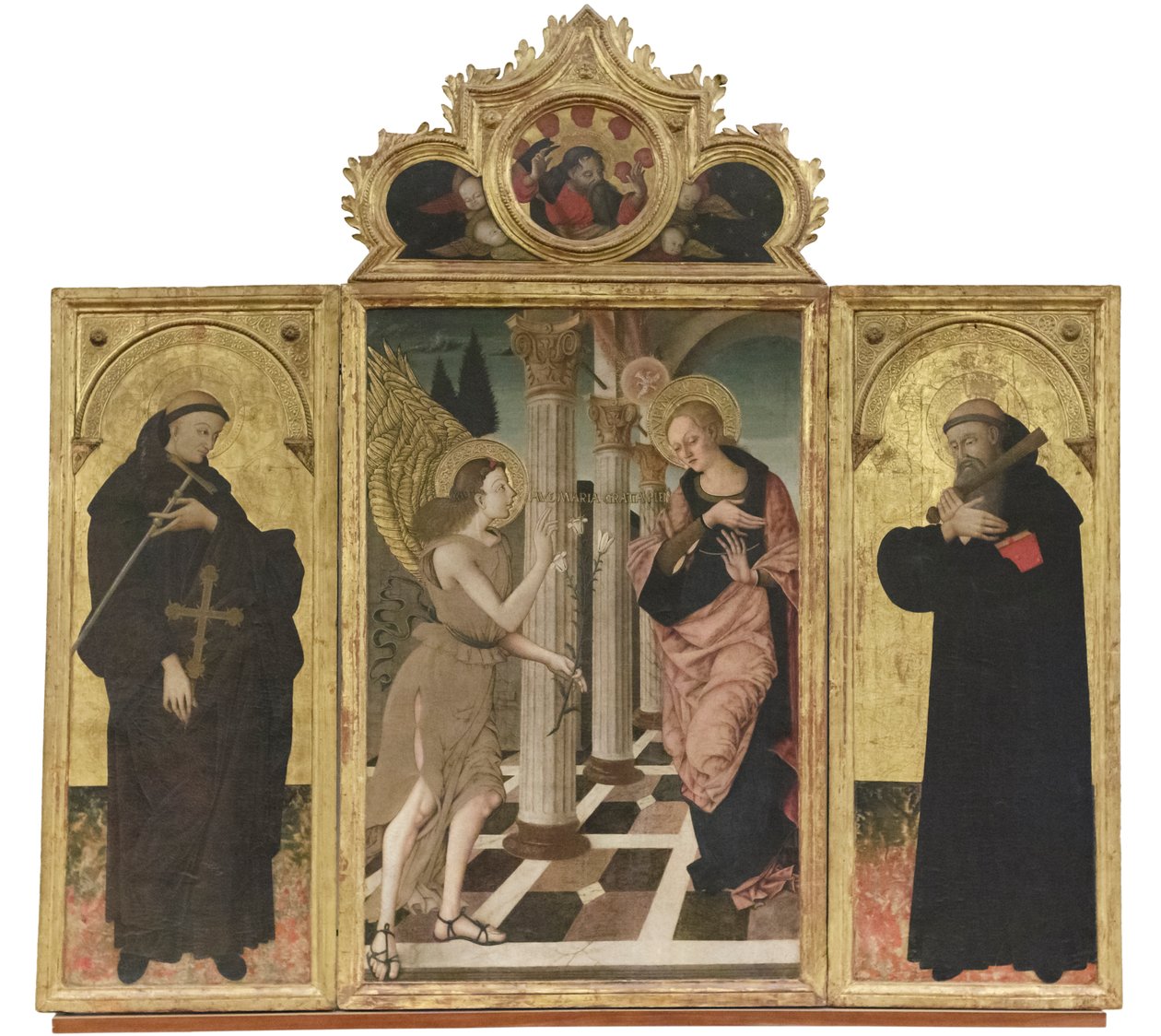 Anunciação entre os Santos João Gualberto e Bento, c.1500-05 (tríptico sobre painel) de Nicola de Maestro Antonio
