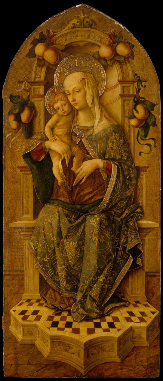 Madonna e Criança Enthroned, c.1475-90 (tempera em madeira, chão de ouro) de Nicola de Maestro Antonio