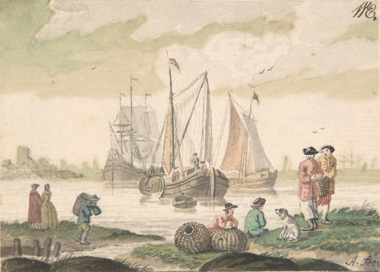 Seascape com sete figuras e um cachorro, 1733-93. de Nicolaas Aartman