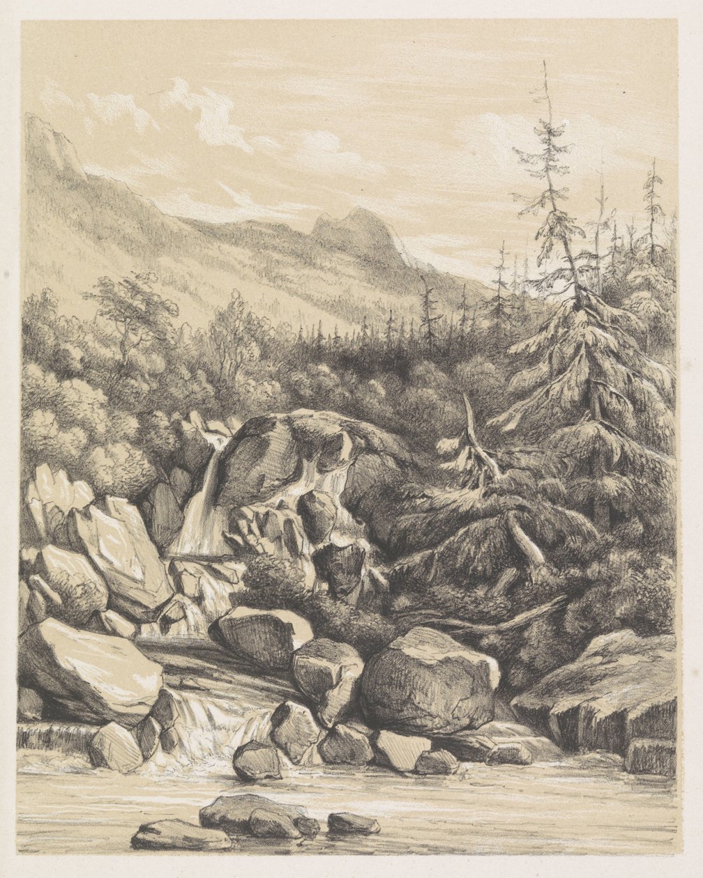 Paisagem de montanha com queda de água de Nicolaas Barnouw