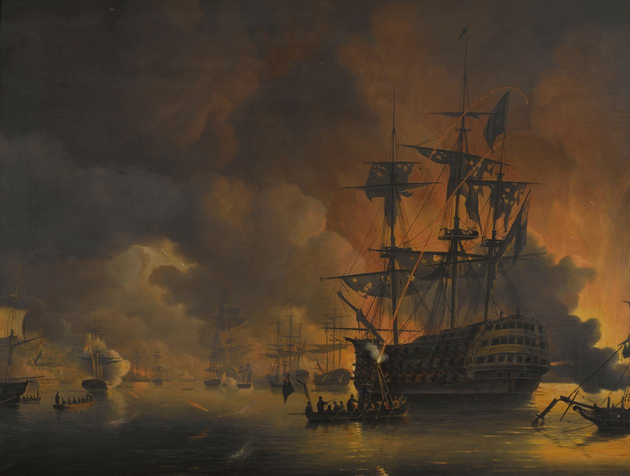 O incêndio nos Cais de Argel, pouco depois do início do Bombardeamento pela Frota Anglo-Holandesa, 27 de Agosto de 1816
Quatro Episódios durante a Presença da Frota Anglo-Holandesa na Baía de Argel, 26 a 27 de Agosto de 1816 (título da série) de Nicolaas Baur