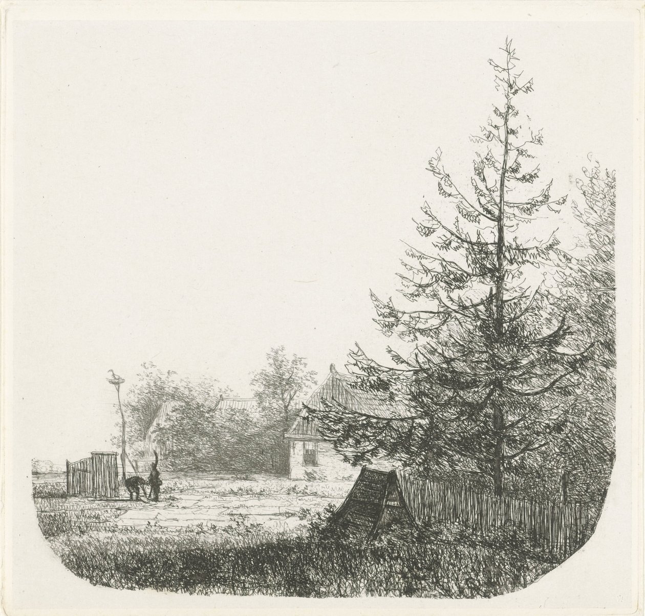 Paisagem arborizada com um ninho de cegonha de Nicolaas Johannes Roosenboom