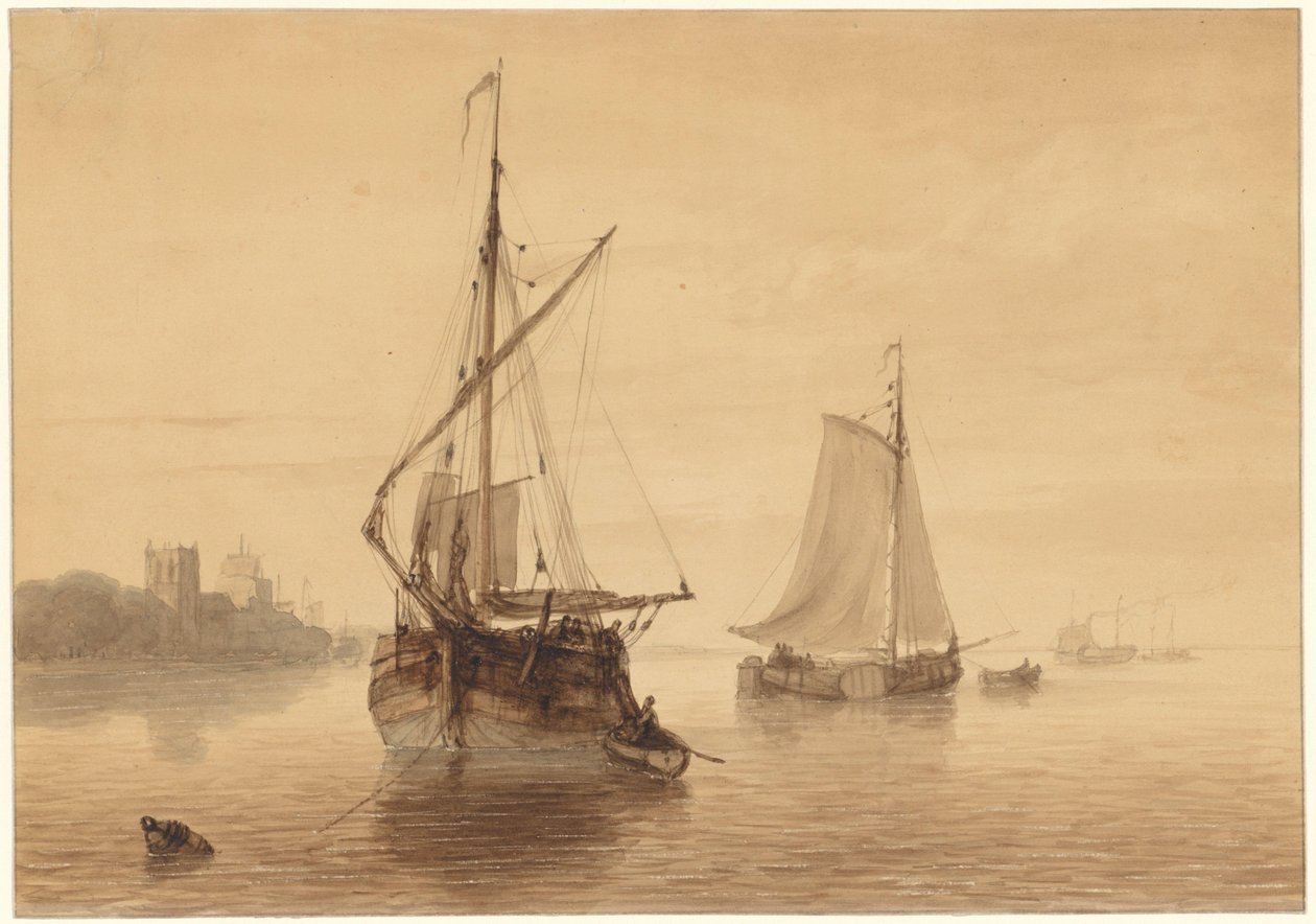 Paisagem do rio com alguns navios de Nicolaas Johannes Roosenboom