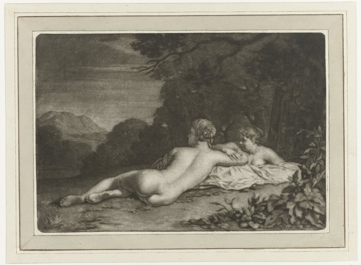 Paisagem com duas ninfas de Nicolaas Verkolje