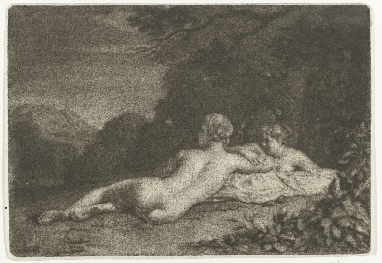 Paisagem com duas ninfas de Nicolaas Verkolje