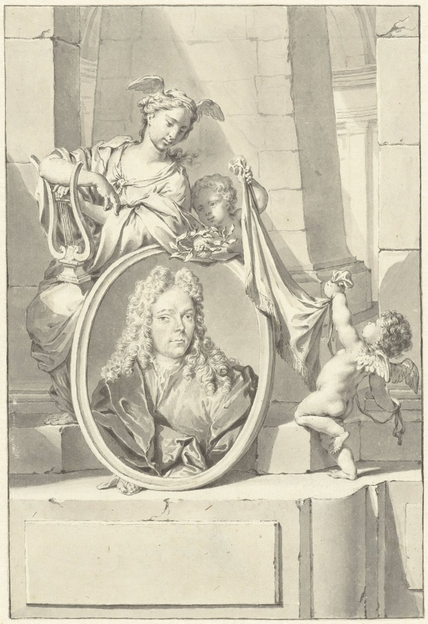 Putti e uma mulher perto de um medalhão com o retrato de Arnold Houbraken de Nicolaas Verkolje