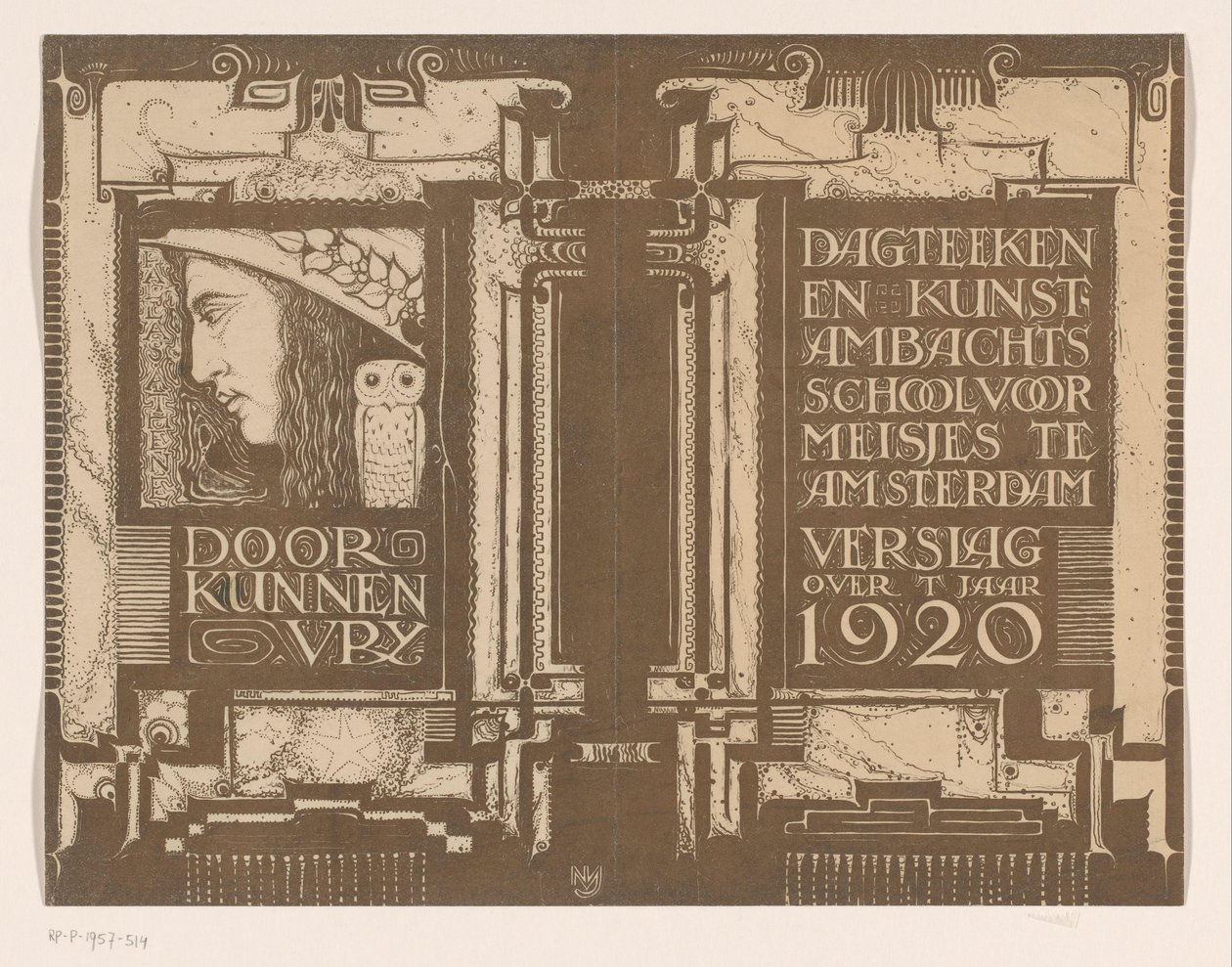 Desenho de encadernação para: Relatório da Escola de Desenho e Artesanato para Meninas em Amesterdão para o ano de 1920 de Nicolaas van de Vecht
