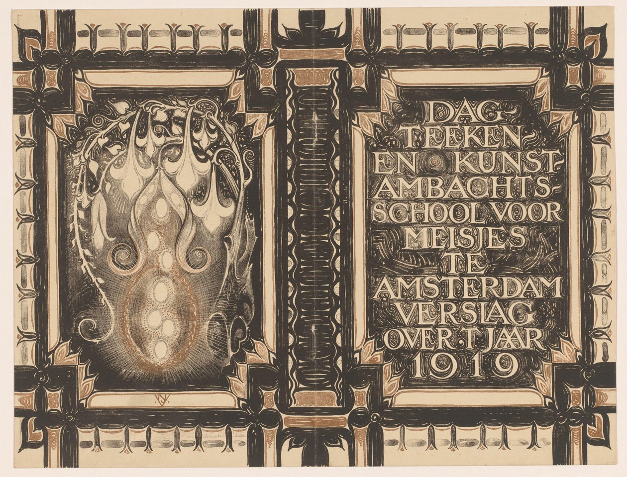 Desenho da banda para: Report of the Day Drawing and Art Craft School for Girls in Amsterdam sobre o ano de 1919 de Nicolaas van de Vecht