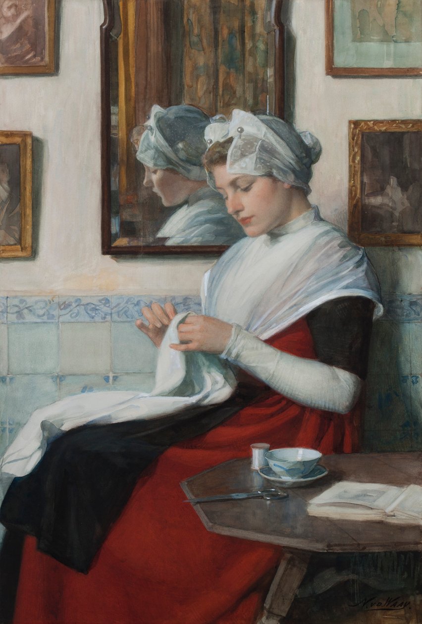 Uma Amsterdam Orphan Girl Sewing, c.1890 (wc colocado no papelão) de Nicolaas van der Waay