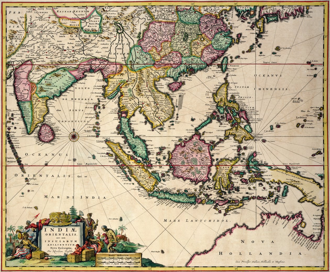 Mapa geral que se estende da Índia e do Ceilão ao noroeste da Austrália, passando pelo sul do Japão, as Filipinas, a Península Malaia e o arquipélago indonésio. de Nicolaes Jansz Visscher