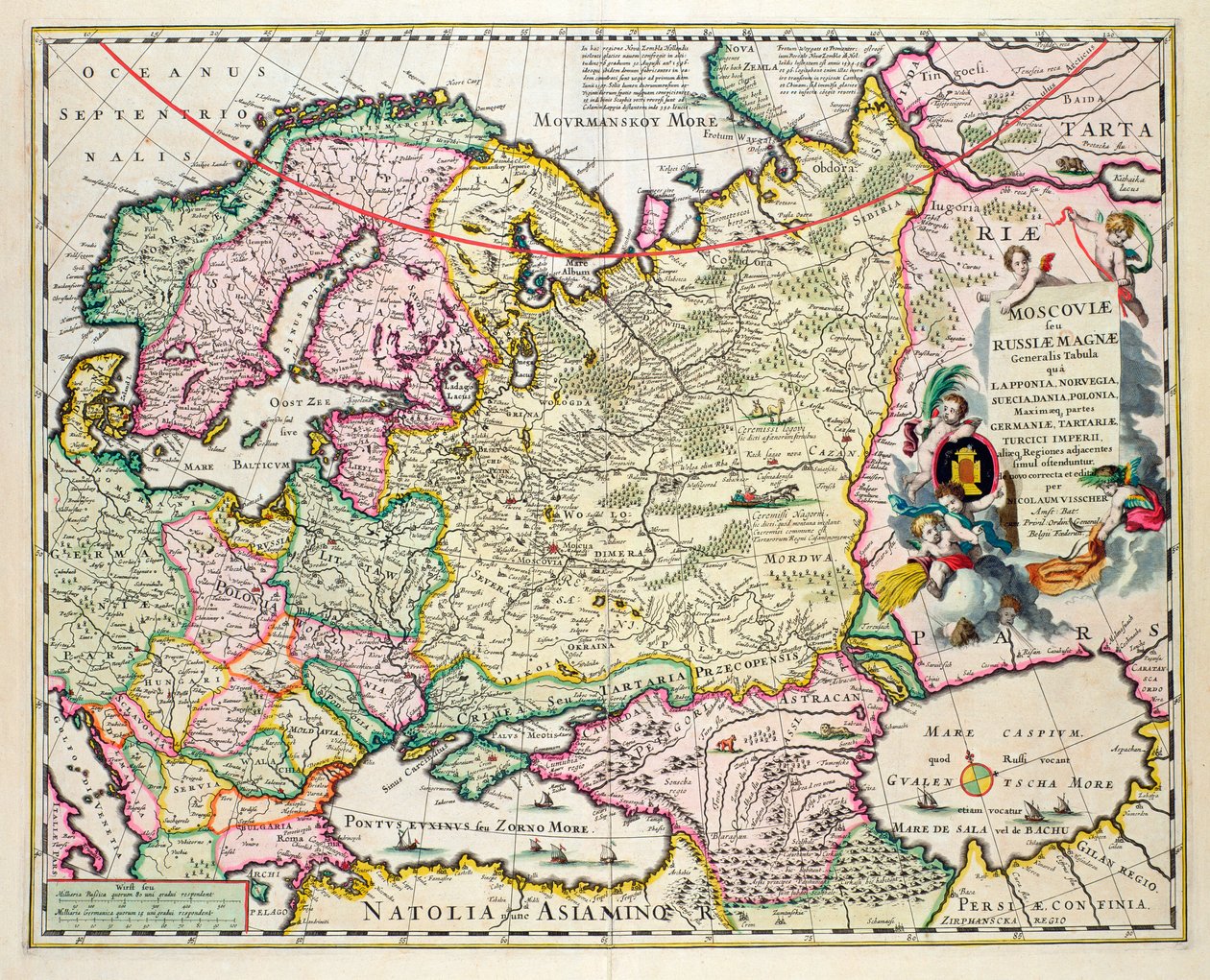 Mapa, de, ásia menor, mostrando, noruega, suécia, dinamarca, lapland, polônia, peru, rússia, e, a, moscou região, c.1626, (hand, colorido, prato, engraving) de Nicolaes Jansz Visscher