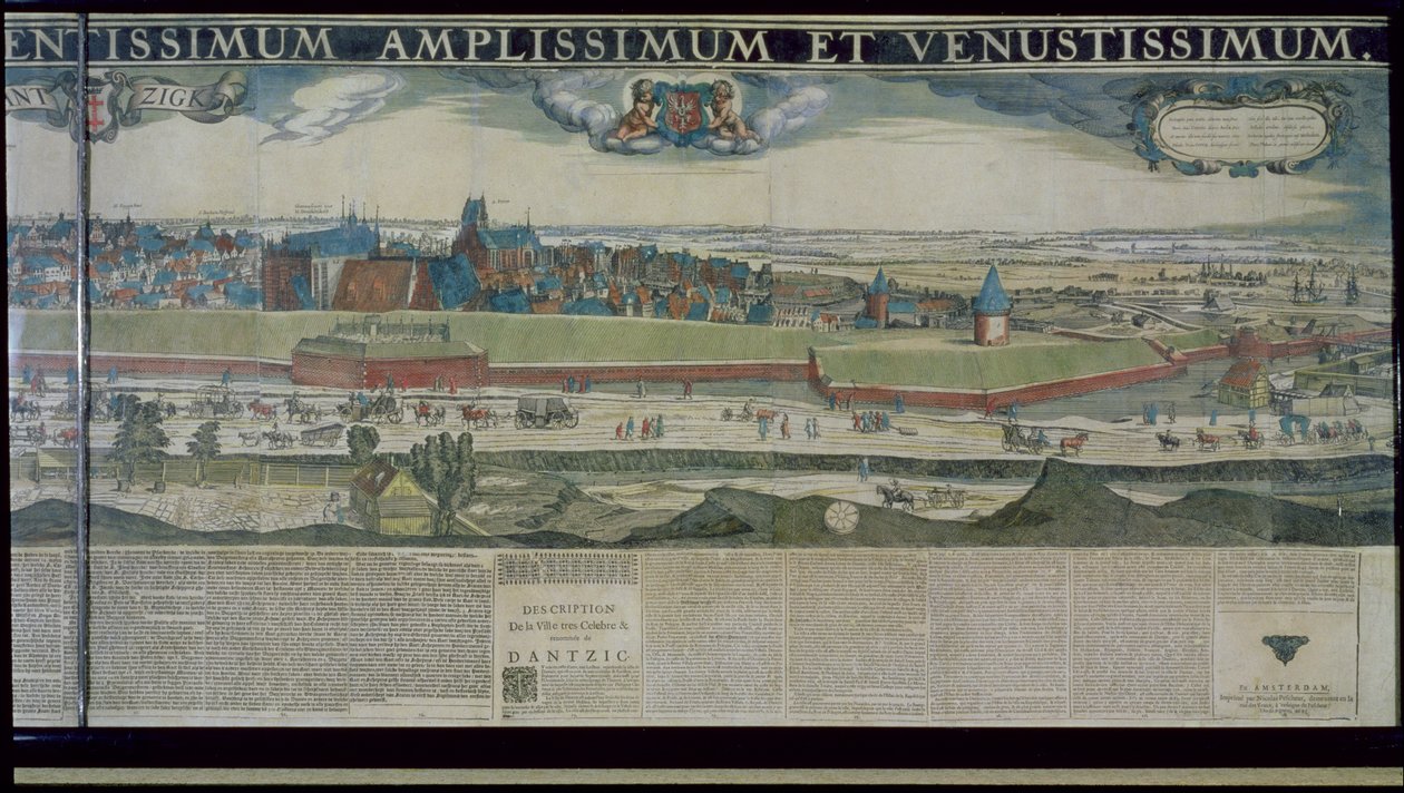 Panorama de Gdansk de Biskupia Gorka, 1643 (gravura a cores sobre papel reforçado com tela) de Nicolaes Jansz Visscher