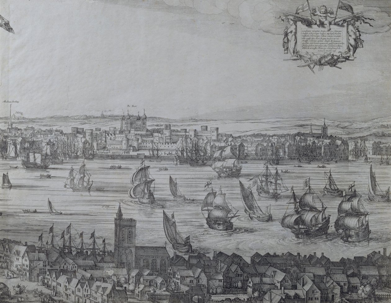 Panorama de Londres e do Tamisa, parte quatro mostrando a Torre e a Igreja de St. Olave, cerca de 1.600 (ver também 7214 e 64731-2) de Nicolaes Jansz Visscher
