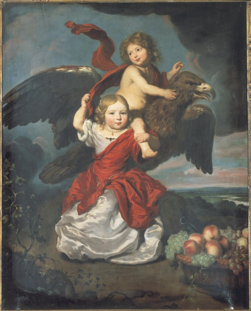 Retrato dobro de um menino e uma menina como Ganymede e Hebe em uma paisagem de Nicolaes Maes