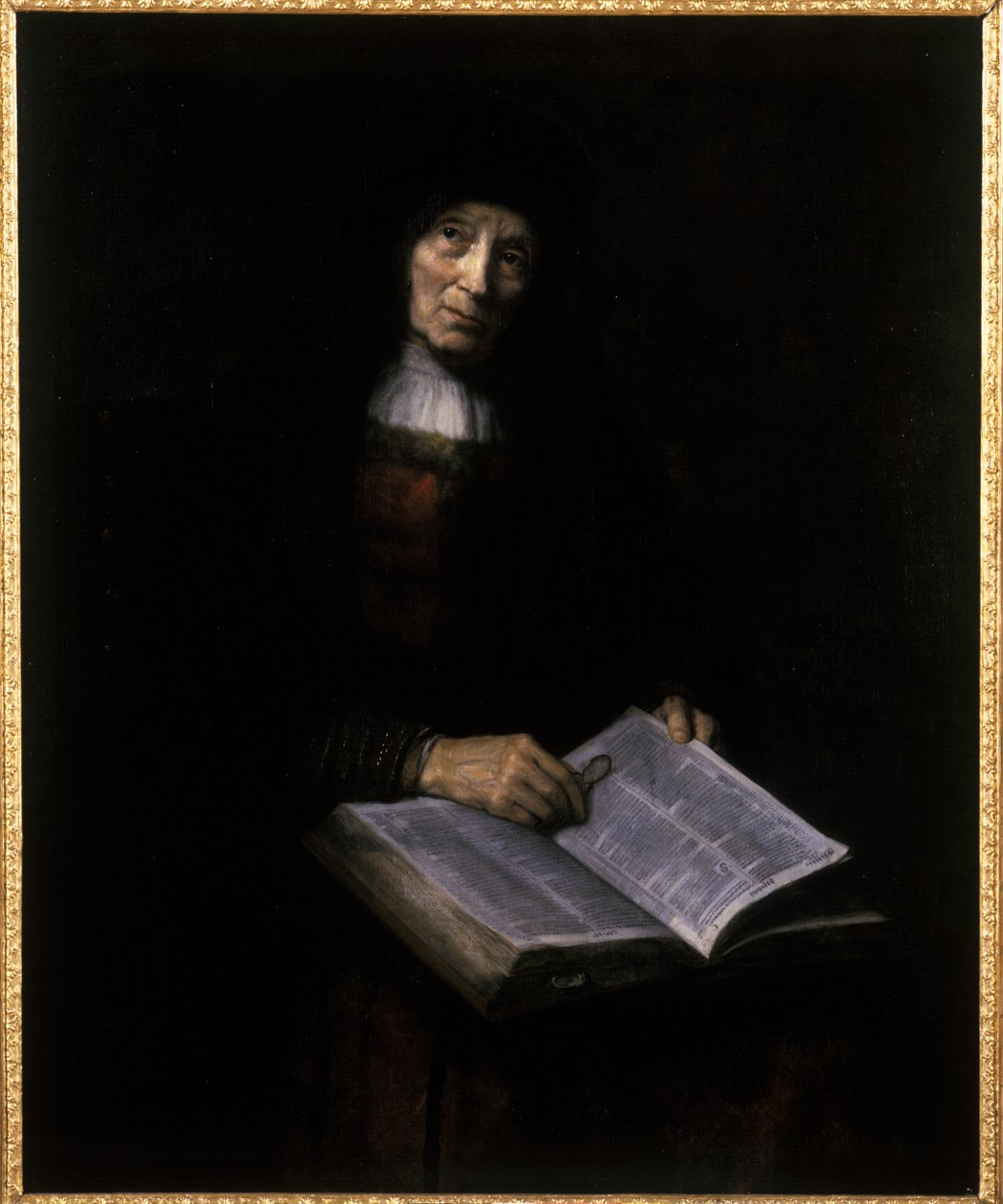 Mulheres idosas com livro de Nicolaes Maes
